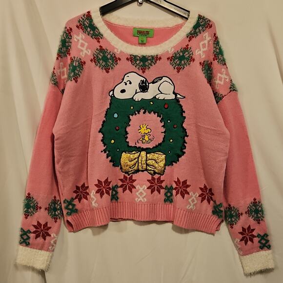 Peanuts Sweaters - Peanuts Women Pink Knit Pullover Sweater XL Snoopy Ugly Christmas Wreath NWT new